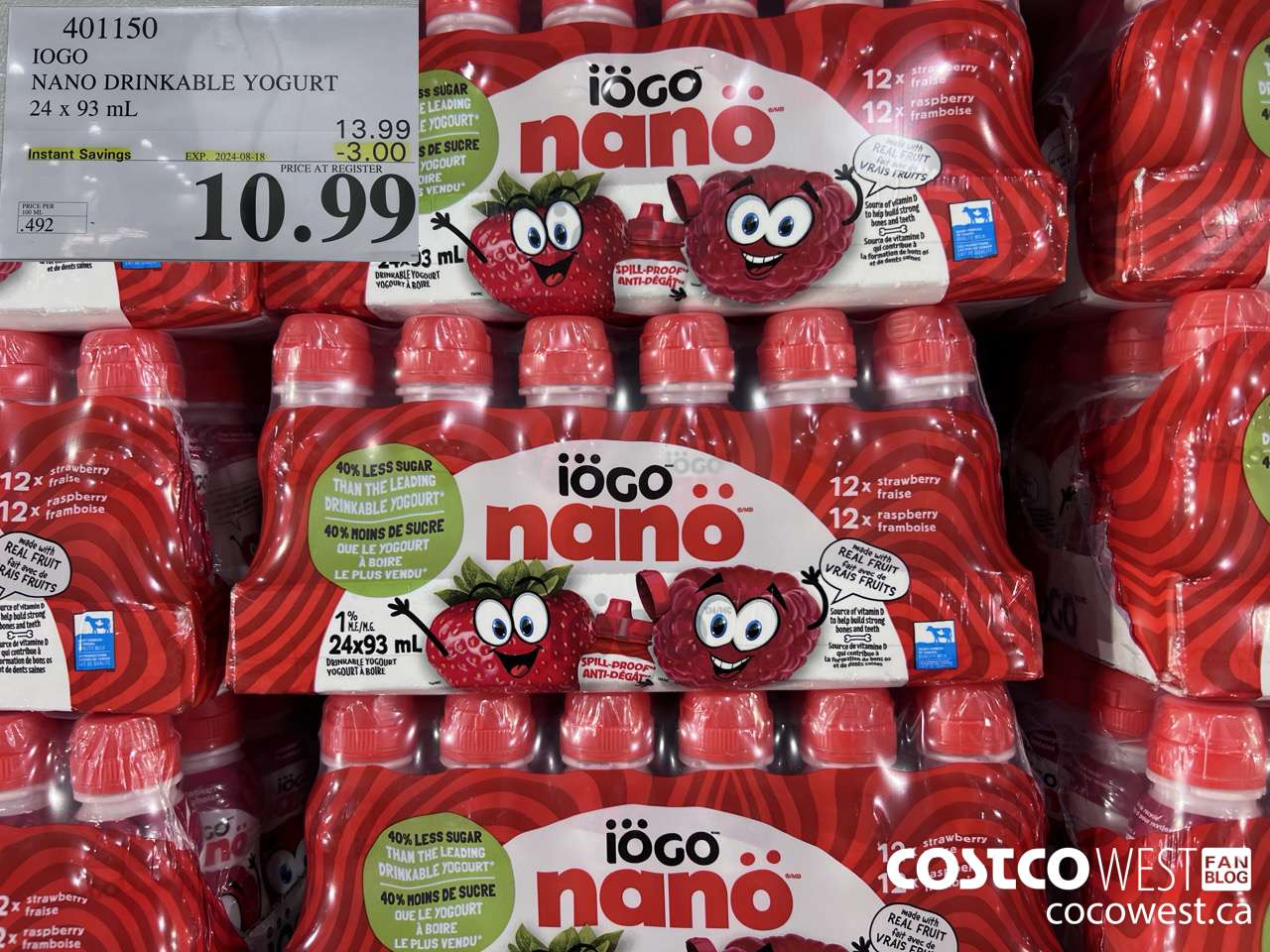 401150 IOGO NANO DRINKABLE YOGURT 24 x 93 mL ($3.00 INSTANT SAVINGS EXPIRES ON 2024-08-18) $10.99