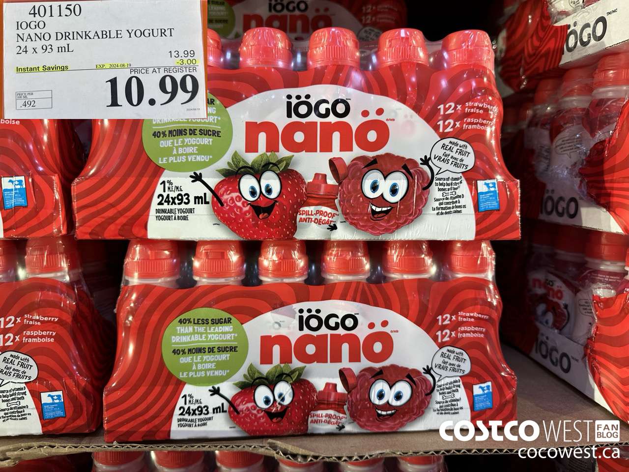 401150 IOGO NANO DRINKABLE YOGURT 24 x 93 mL ($3.00 INSTANT SAVINGS EXPIRES ON 2024-08-19) $10.99