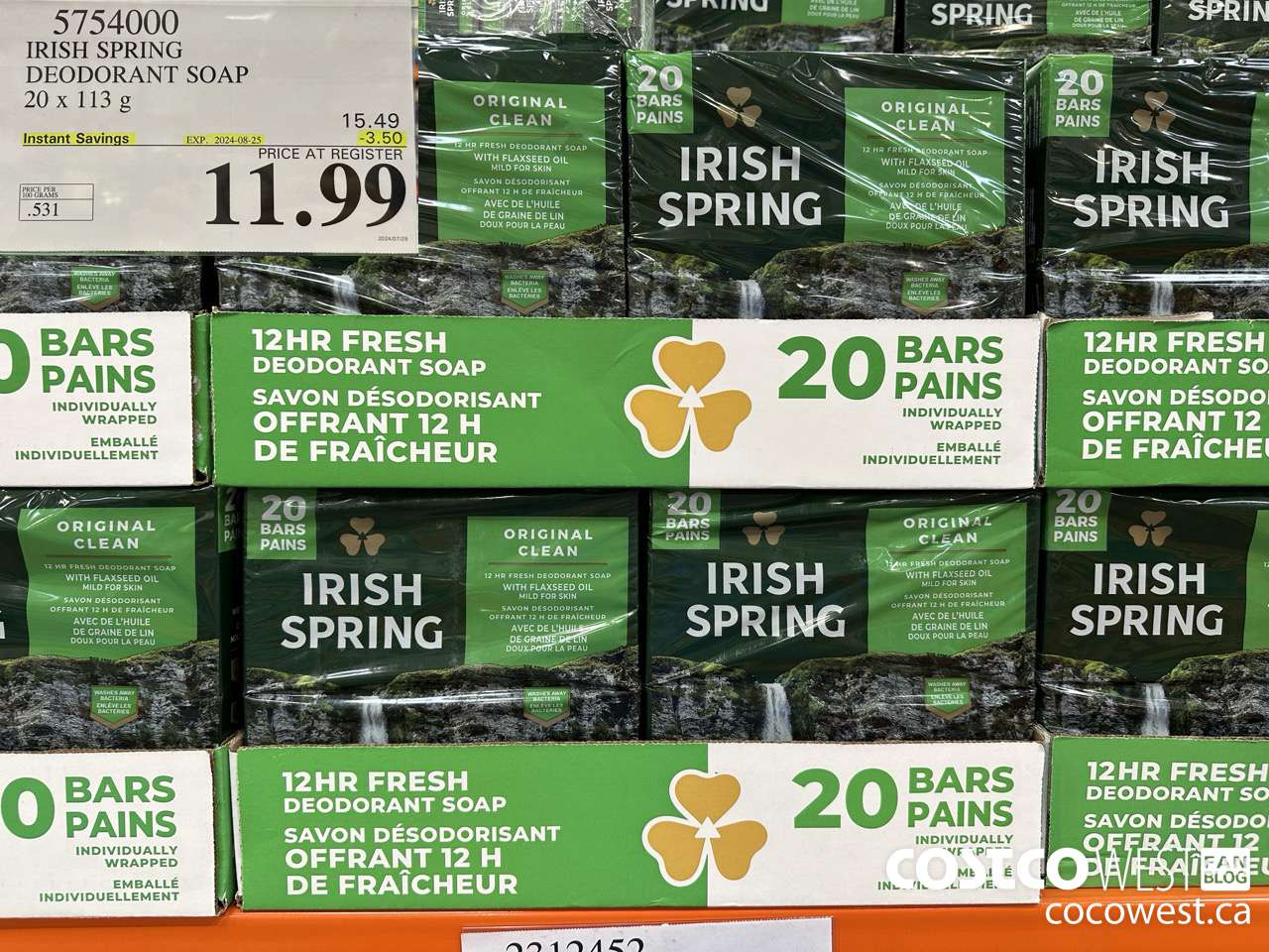 5754000 IRISH SPRING DEODORANT SOAP 20 x 113 g ($3.50 INSTANT SAVINGS EXPIRES ON 2024-08-25) $11.99