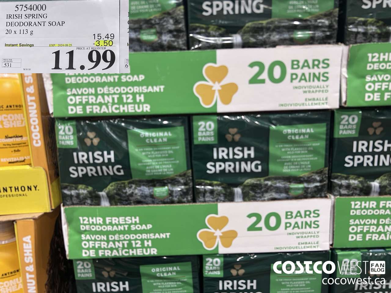 5754000 IRISH SPRING DEODORANT SOAP 20 x 113 g ($3.50 INSTANT SAVINGS EXPIRES ON 2024-08-25) $11.99