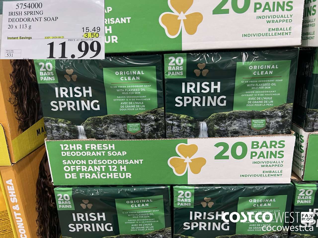 5754000 IRISH SPRING DEODORANT SOAP 20 x 113 g ($3.50 INSTANT SAVINGS EXPIRES ON 2024-08-25) $11.99