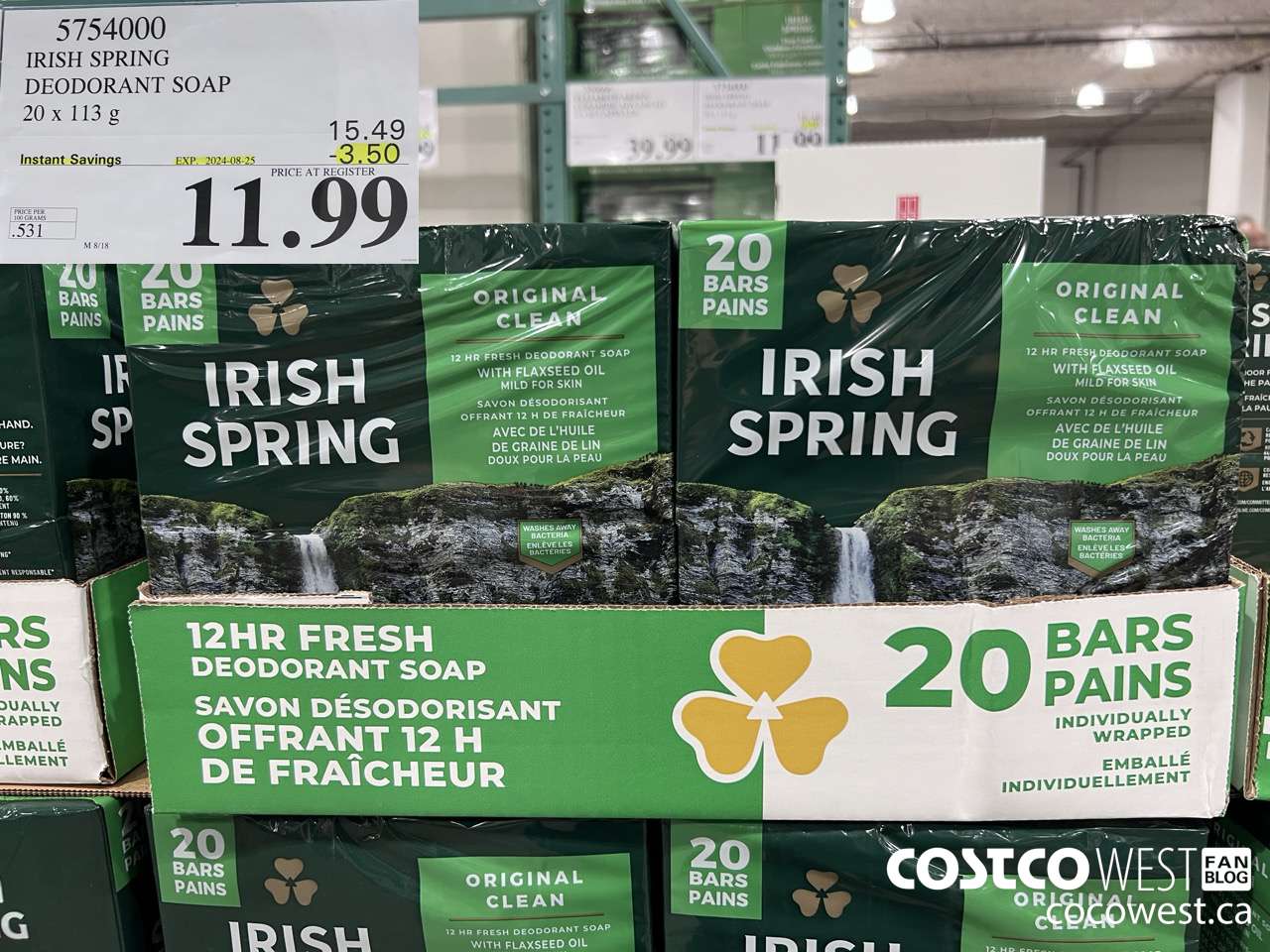 5754000 IRISH SPRING DEODORANT SOAP 20 x 113 g ($3.50 INSTANT SAVINGS EXPIRES ON 2024-08-25) $11.99