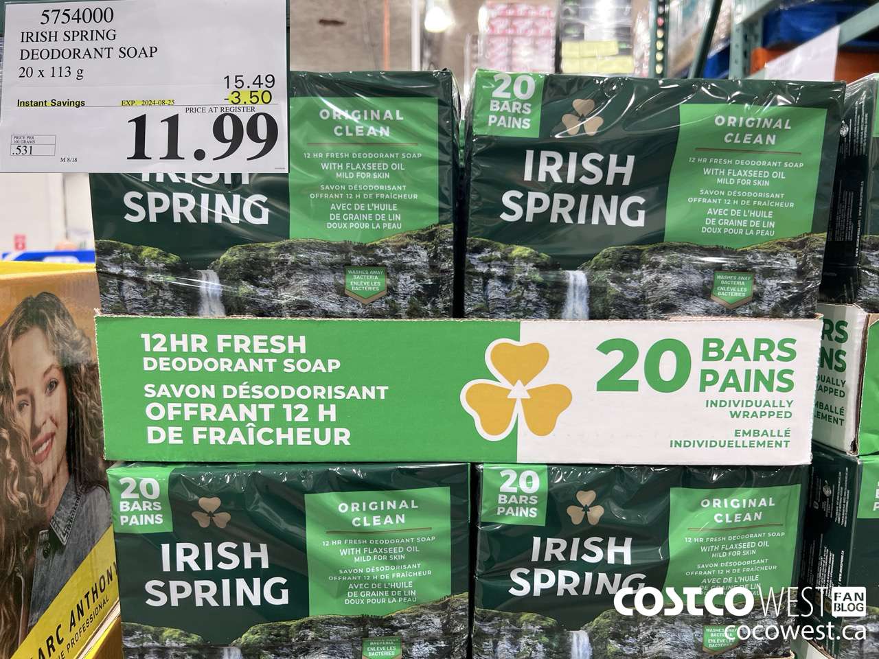 5754000 IRISH SPRING DEODORANT SOAP 20 x 113 g ($3.50 INSTANT SAVINGS EXPIRES ON 2024-08-25) $11.99