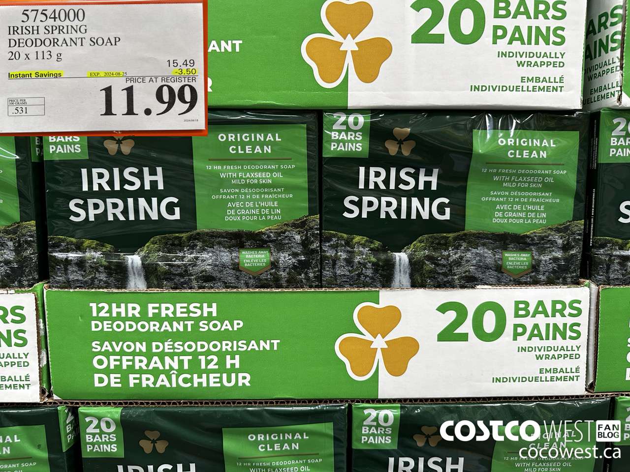 5754000 IRISH SPRING DEODORANT SOAP 20 x 113 g ($3.50 INSTANT SAVINGS EXPIRES ON 2024-08-25) $11.99