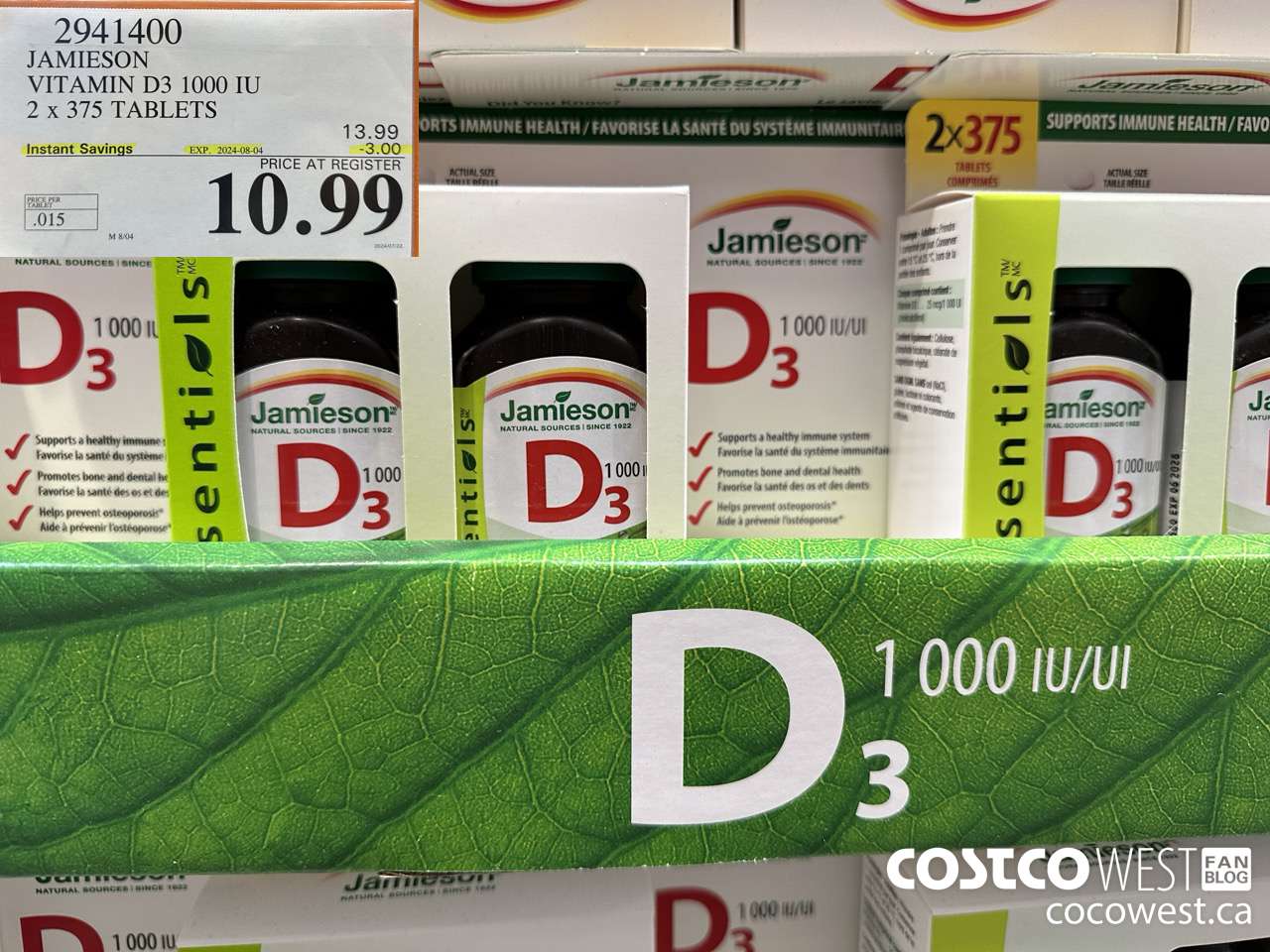 2941400 JAMIESON VITAMIN D3 1000IU 2X375 TABLETS ($3.00 INSTANT SAVINGS EXPIRES ON 2024-08-04) $10.99