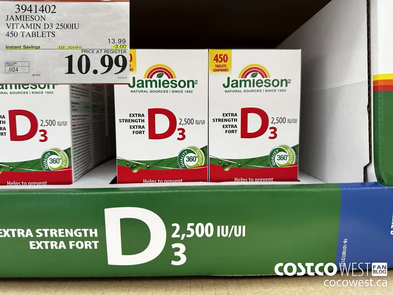 3941402 JAMIESON VITAMIN D3 2500IU 450 TABLETS ($3.00 INSTANT SAVINGS EXPIRES ON 2024-09-01) $10.99