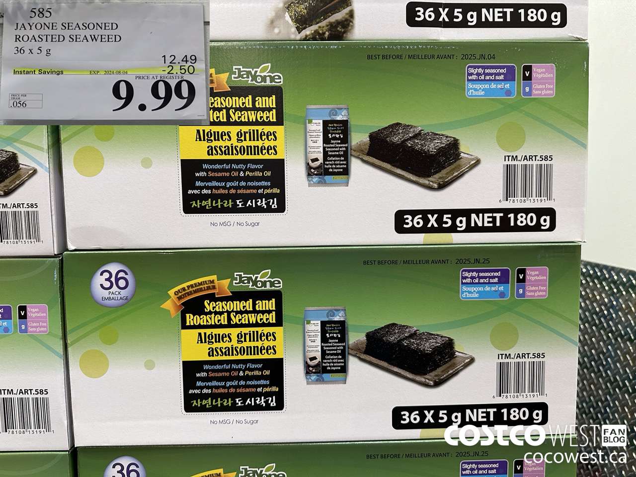 585 JAYONE SEASONED ROASTED SEAWEED 36x5 g ($2.50 INSTANT SAVINGS EXPIRES ON 2024-08-04) $9.99