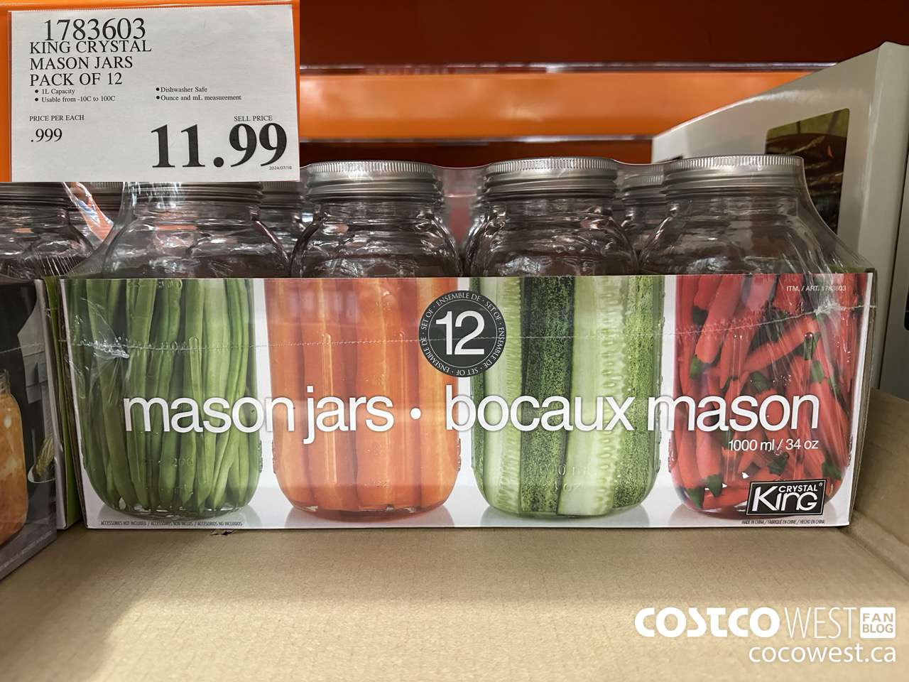 1783603 KING CRYSTAL MASON JARS PACK OF 12 $11.99
