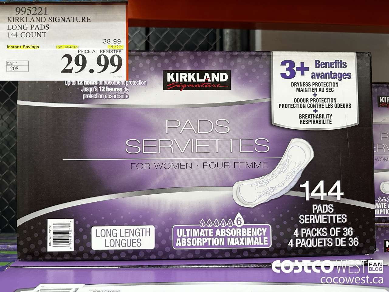 995221 KIRKLAND SIGNATURE LONG PADS 144 COUNT ($9.00 INSTANT SAVINGS EXPIRES ON 2024-09-01) $29.99