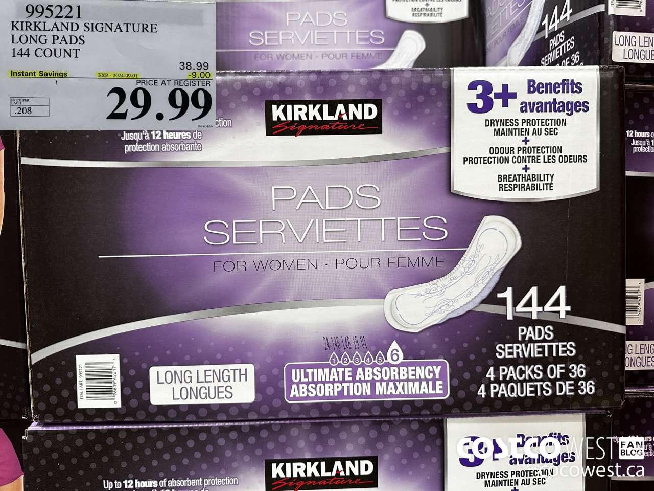 995221 KIRKLAND SIGNATURE LONG PADS 144 COUNT ($9.00 INSTANT SAVINGS EXPIRES ON 2024-09-01) $29.99