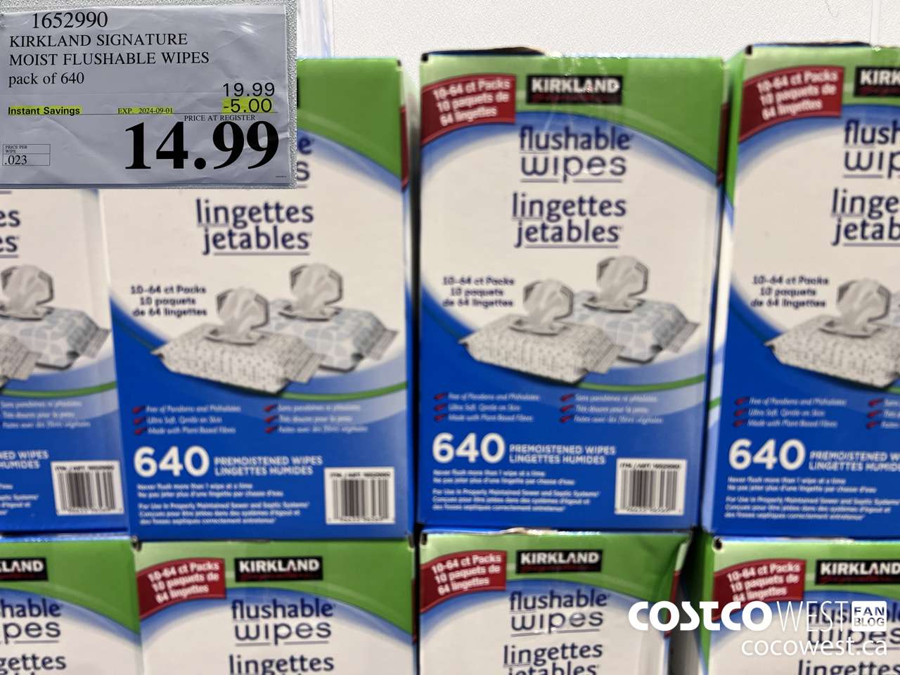 1652990 KIRKLAND SIGNATURE MOIST FLUSHABLE WIPES PACK OF 640 ($5.00 INSTANT SAVINGS EXPIRES ON 2024-09-01) $14.99