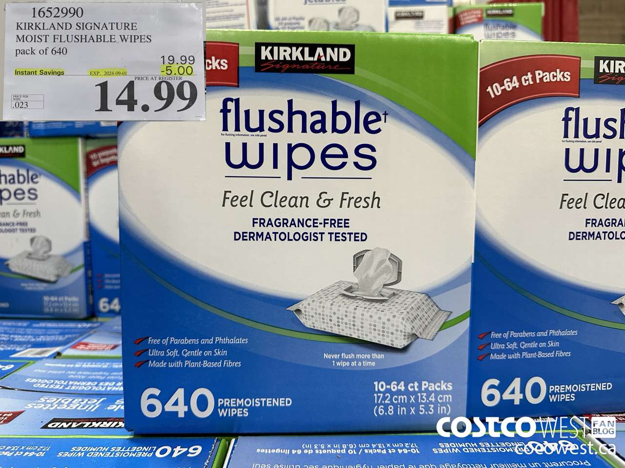 1652990 KIRKLAND SIGNATURE MOIST FLUSHABLE WIPES PACK OF 640 ($5.00 INSTANT SAVINGS EXPIRES ON 2024-09-01) $14.99