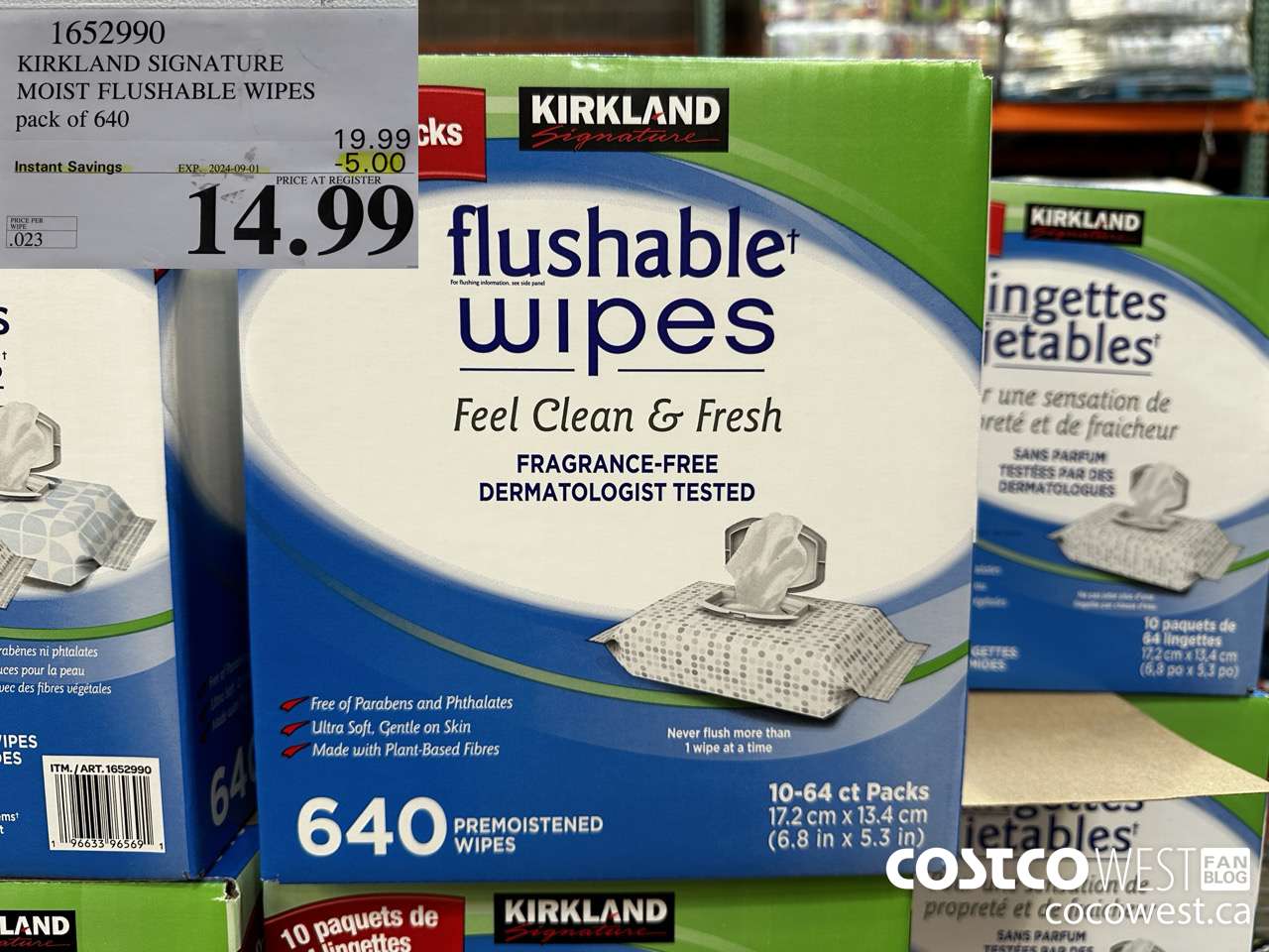 1652990 KIRKLAND SIGNATURE MOIST FLUSHABLE WIPES PACK OF 640 ($5.00 INSTANT SAVINGS EXPIRES ON 2024-09-01) $14.99