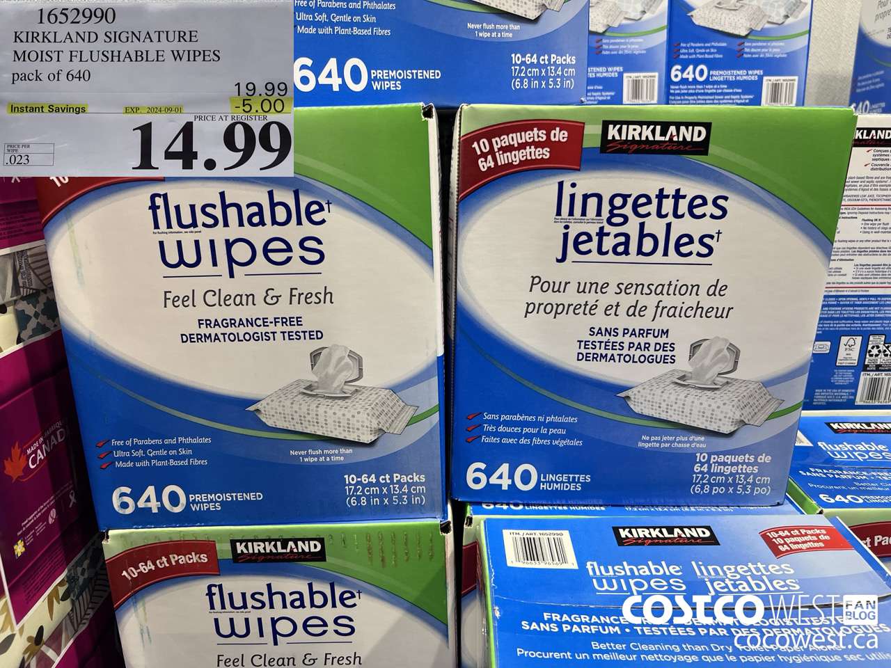 1652990 KIRKLAND SIGNATURE MOIST FLUSHABLE WIPES PACK OF 640 ($5.00 INSTANT SAVINGS EXPIRES ON 2024-09-01) $14.99