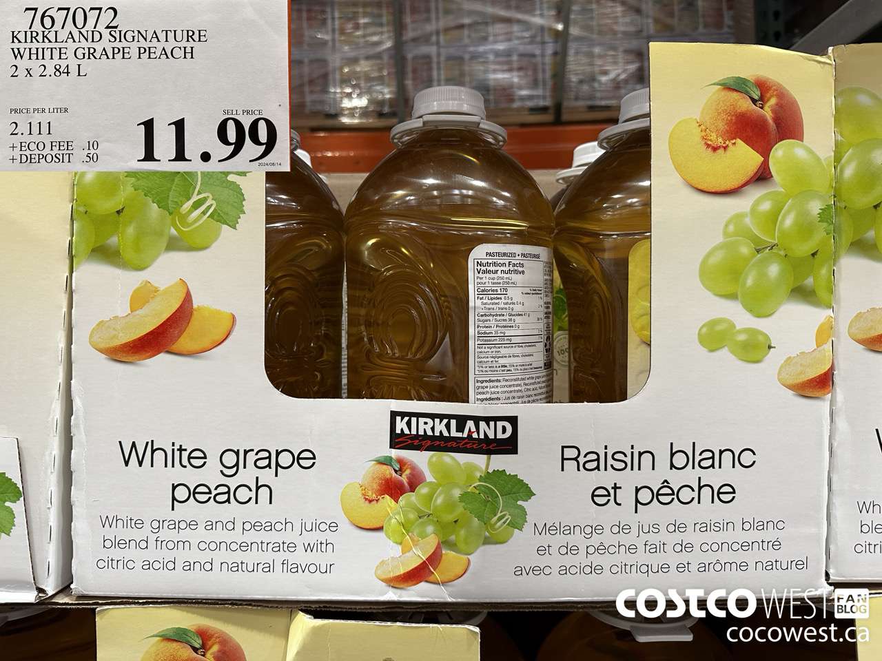 767072 KIRKLAND SIGNATURE WHITE GRAPE PEACH 2 X 2.84L $11.99