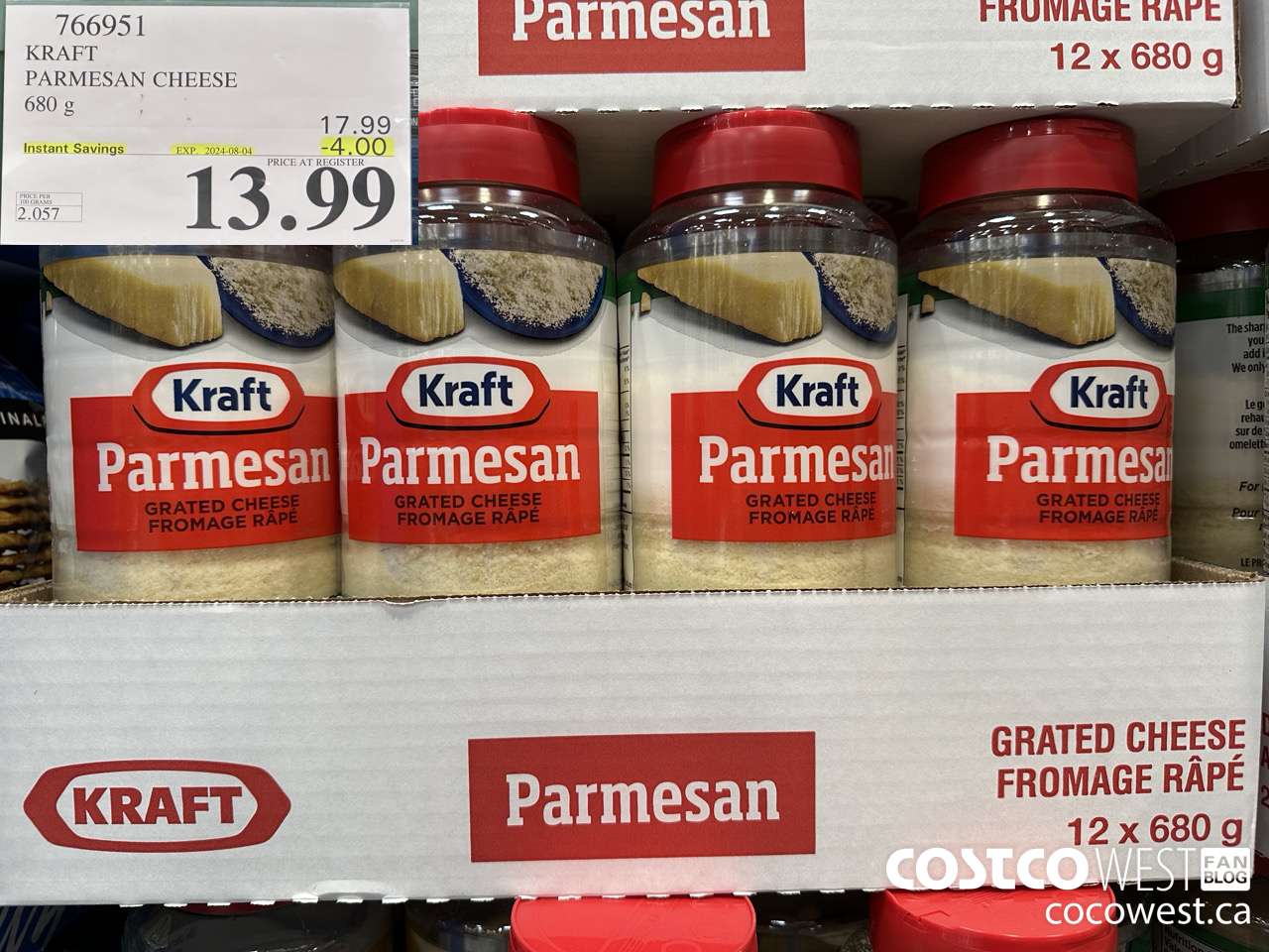 766951 KRAFT PARMESAN CHEESE 680 g ($4.00 INSTANT SAVINGS EXPIRES ON 2024-08-04) $13.99