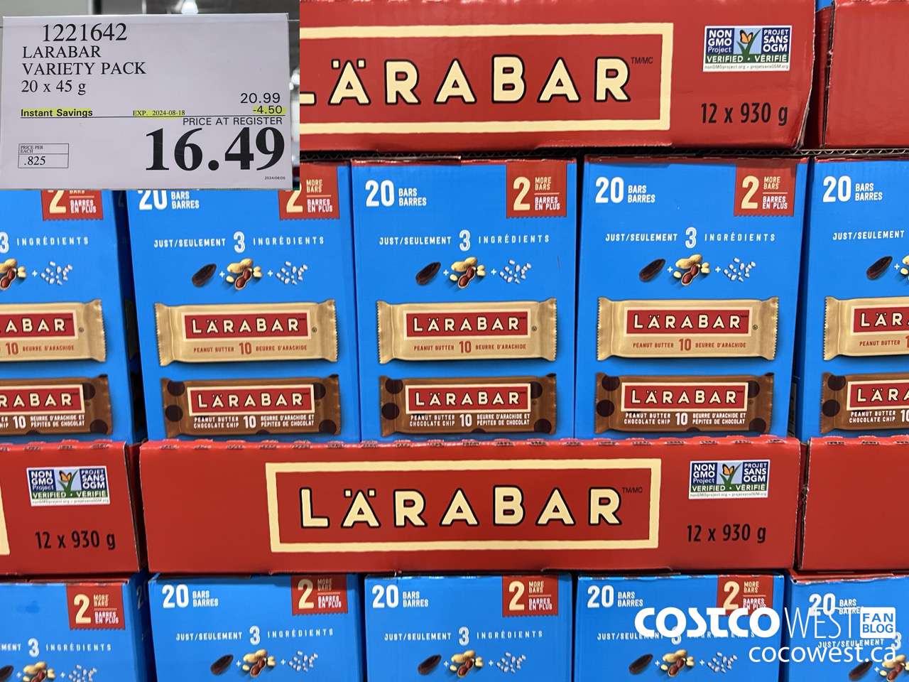 1221642 LARABAR VARIETY PACK 20 x 45 g ($4.50 INSTANT SAVINGS EXPIRES ON 2024-08-18) $16.49
