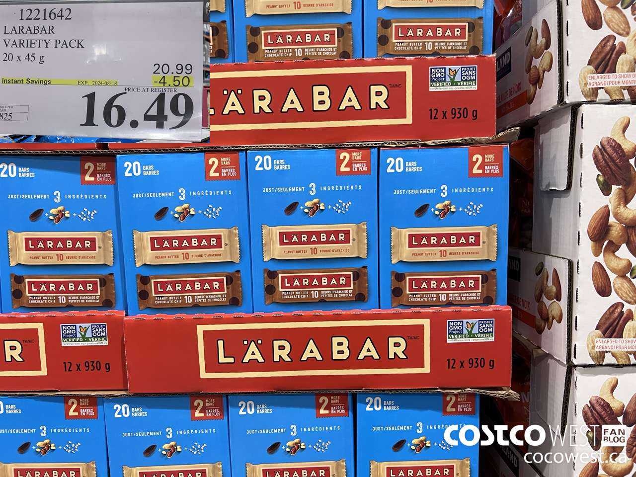 1221642 LARABAR VARIETY PACK 20 x 45 g ($4.50 INSTANT SAVINGS EXPIRES ON 2024-08-18) $16.49
