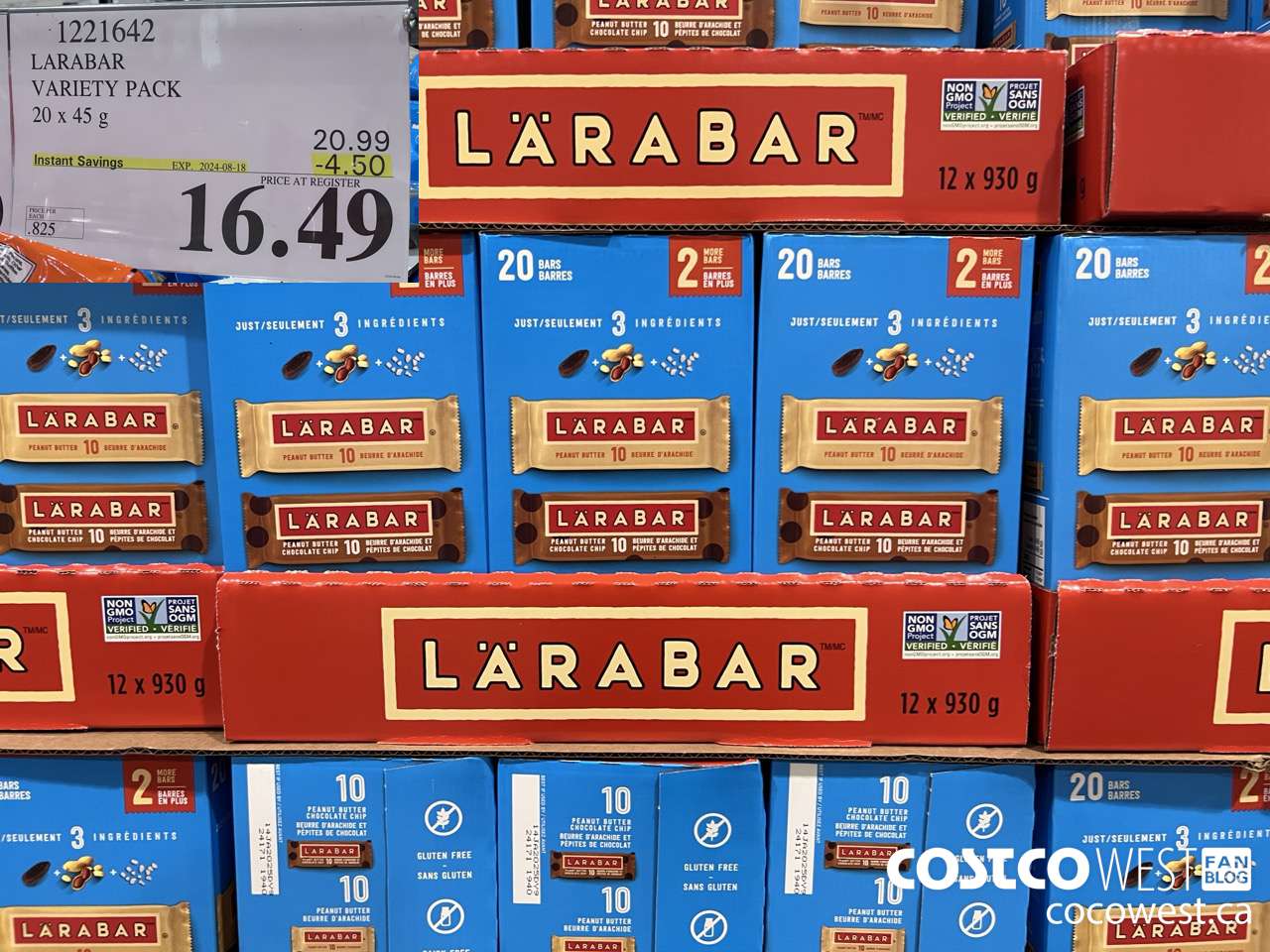 1221642 LARABAR VARIETY PACK 20 x 45 g ($4.50 INSTANT SAVINGS EXPIRES ON 2024-08-18) $16.49