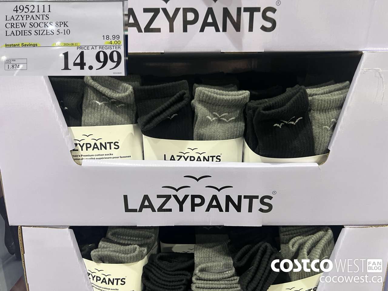 4952111 LAZYPANTS CREW SOCKS 8PK LADIES SIZES 5-10 ($4.00 INSTANT SAVINGS EXPIRES ON 2024-08-11) $14.99