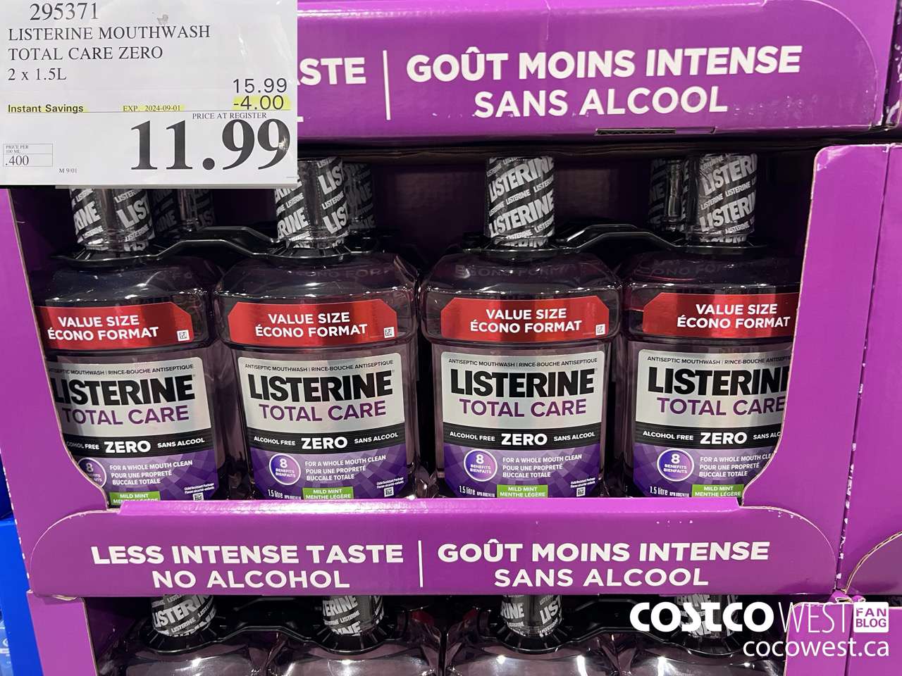 295371 LISTERINE MOUTHWASH TOTAL CARE ZERO 2 X 1.5L ($4.00 INSTANT SAVINGS EXPIRES ON 2024-09-01) $11.99