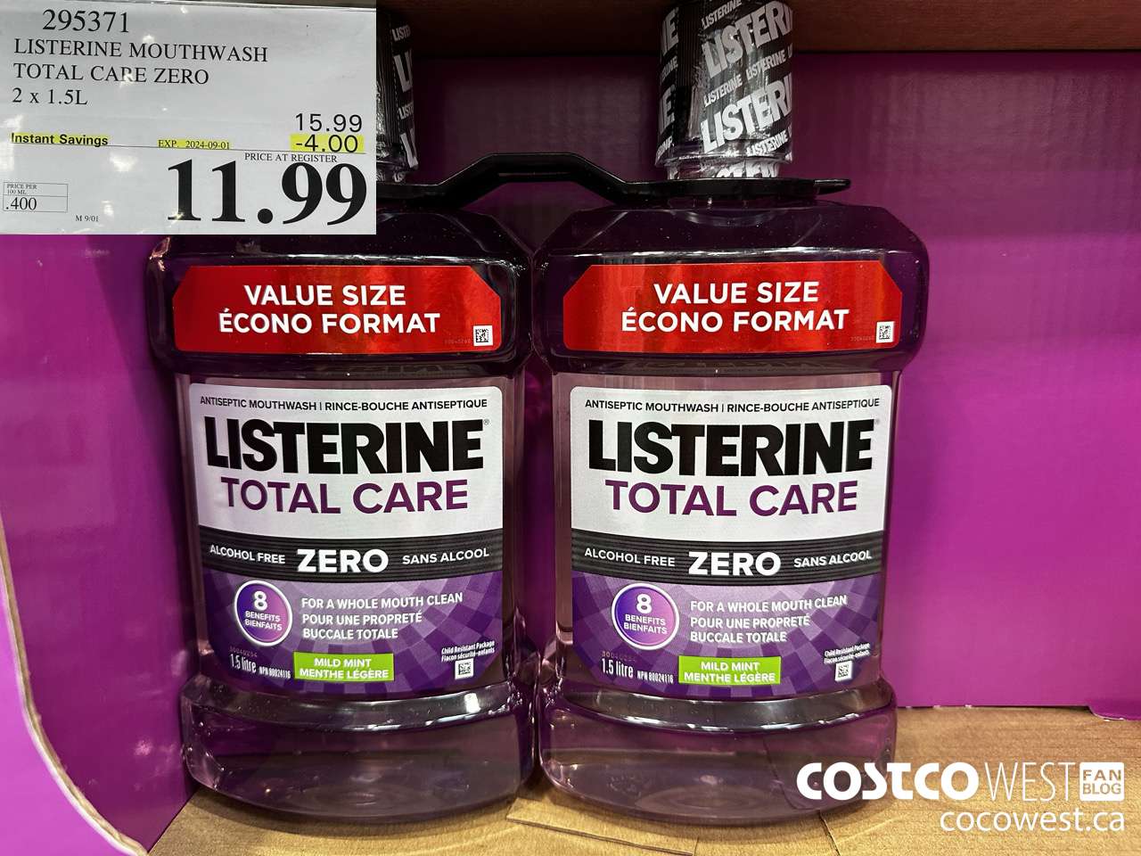 295371 LISTERINE MOUTHWASH TOTAL CARE ZERO 2 X 1.5L ($4.00 INSTANT SAVINGS EXPIRES ON 2024-09-01) $11.99