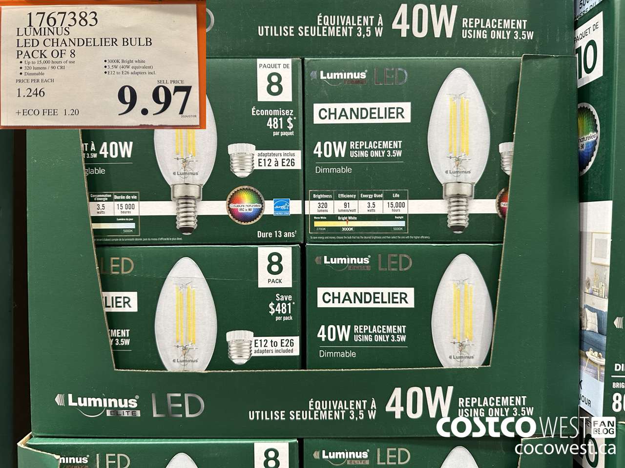 1767383 LUMINUS LED CHANDELIER BULB PACK OF 8 $9.97
