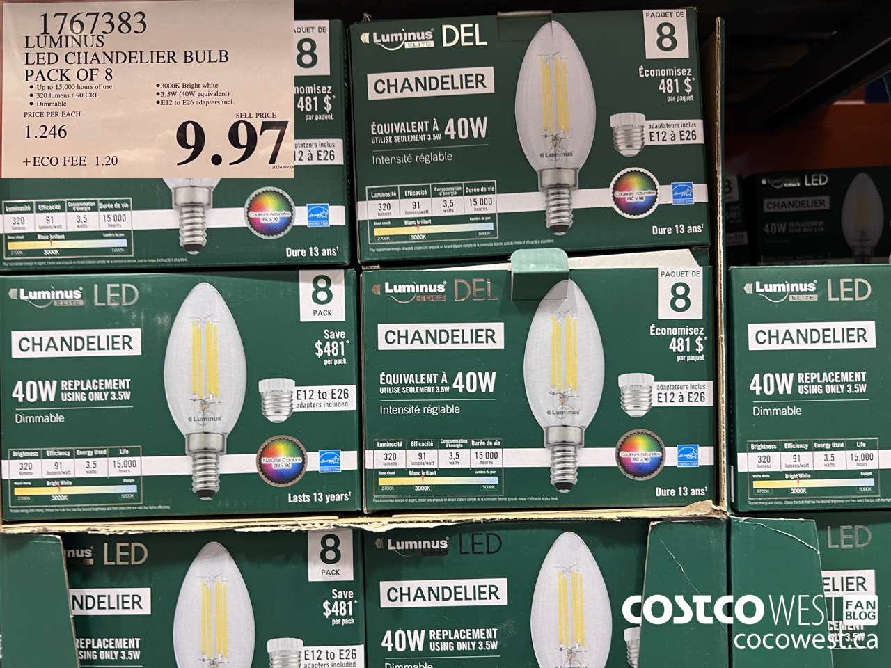 1767383 LUMINUS LED CHANDELIER BULB PACK OF 8 $9.97