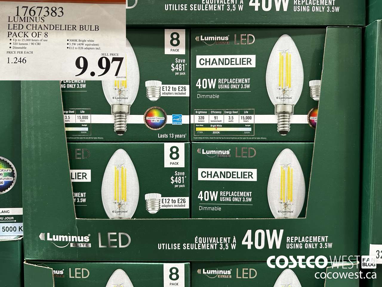 1767383 LUMINUS LED CHANDELIER BULB PACK OF 8 $9.97