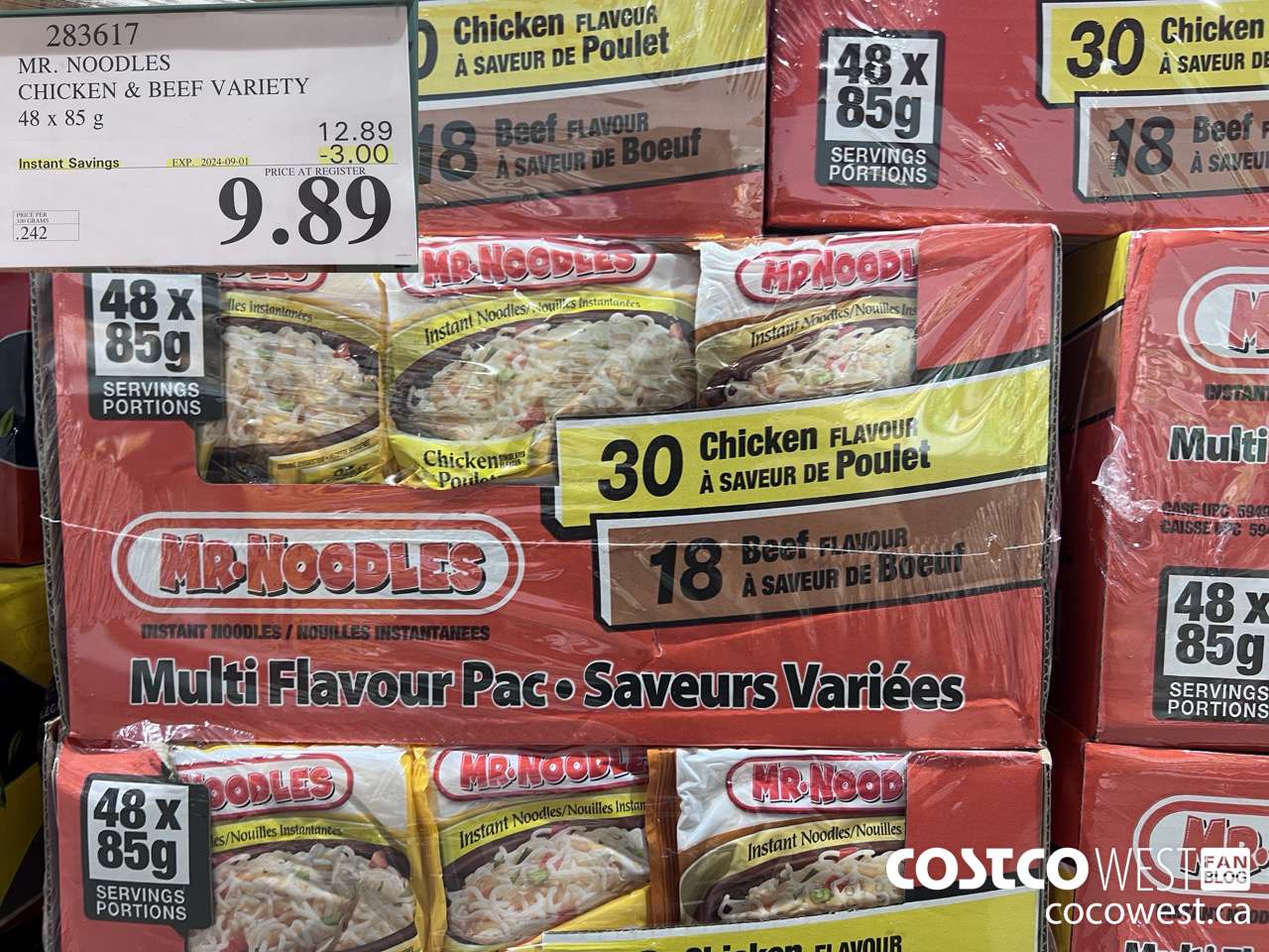 283617 MR. NOODLES CHICKEN & BEEF VARIETY 48 X 85G ($3.00 INSTANT SAVINGS EXPIRES ON 2024-09-01) $9.89
