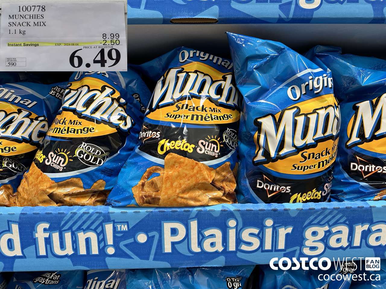 100778 MUNCHIES SNACK MIX 1.1 kg ($2.50 INSTANT SAVINGS EXPIRES ON 2024-08-04) $6.49