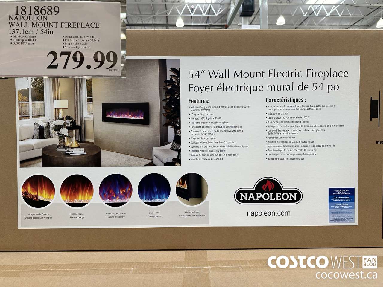 1818689 NAPOLEON WALL MOUNT FIREPLACE 137.1 CM / 54 IN $279.99