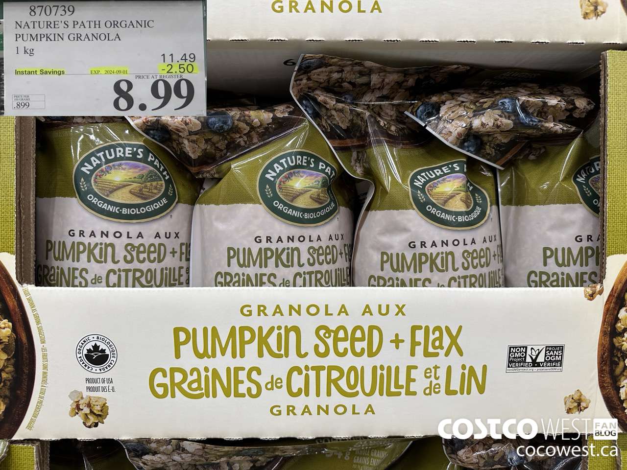 870739 NATURE'S PATH PUMPKIN GRANOLA 1KG ($2.50 INSTANT SAVINGS EXPIRES ON 2024-09-01) $8.99