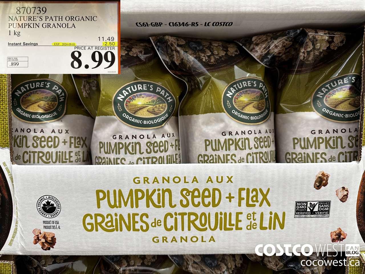 870739 NATURE'S PATH PUMPKIN GRANOLA 1KG ($2.50 INSTANT SAVINGS EXPIRES ON 2024-09-01) $8.99