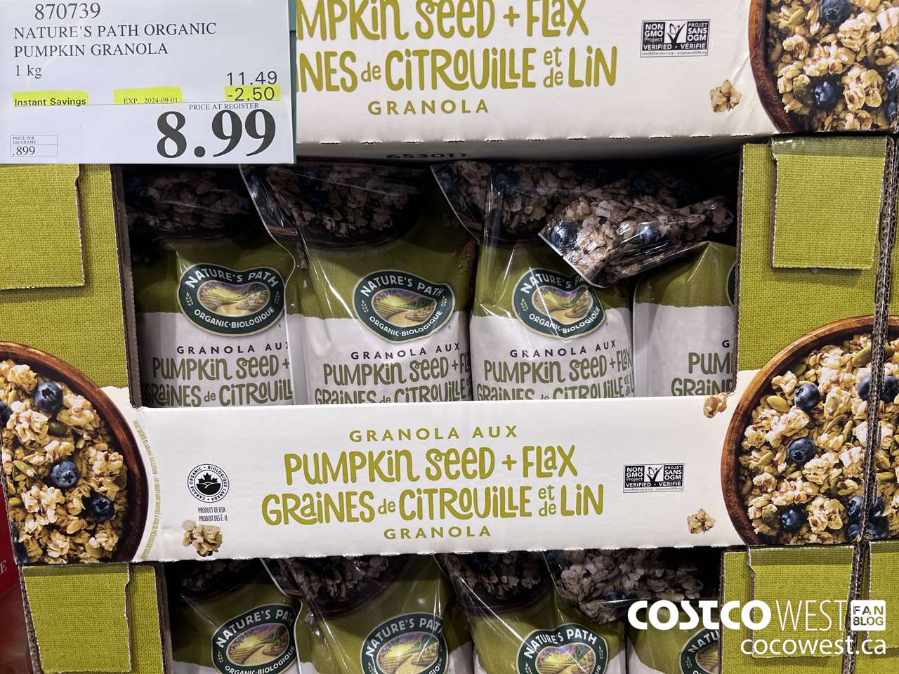 870739 NATURE'S PATH PUMPKIN GRANOLA 1KG ($2.50 INSTANT SAVINGS EXPIRES ON 2024-09-01) $8.99