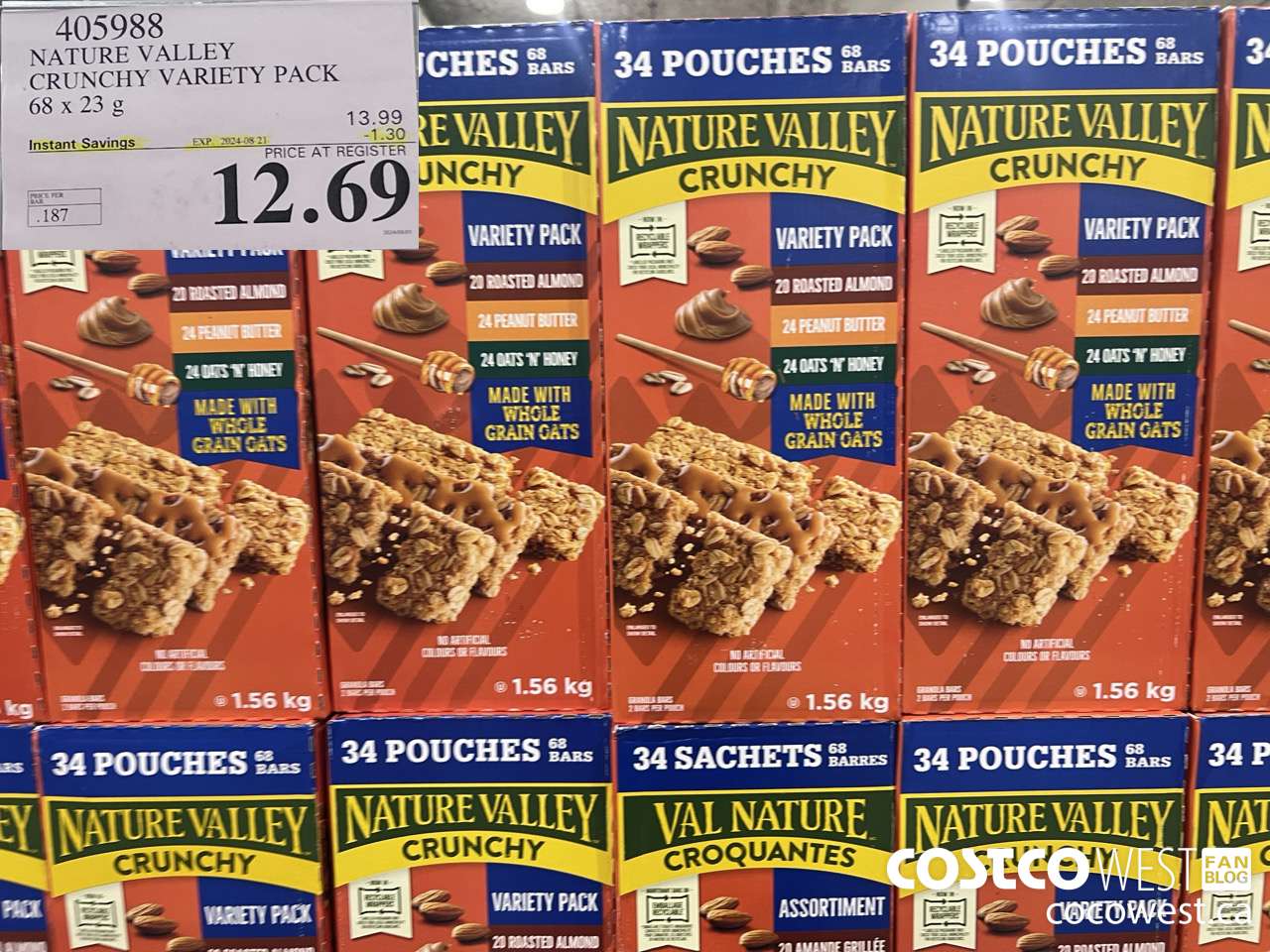 405988 NATURE VALLEY CRUNCHY VARIETY PACK OF 68 X 23 G ($1.30 INSTANT SAVINGS EXPIRES ON 2024-08-21) $12.69