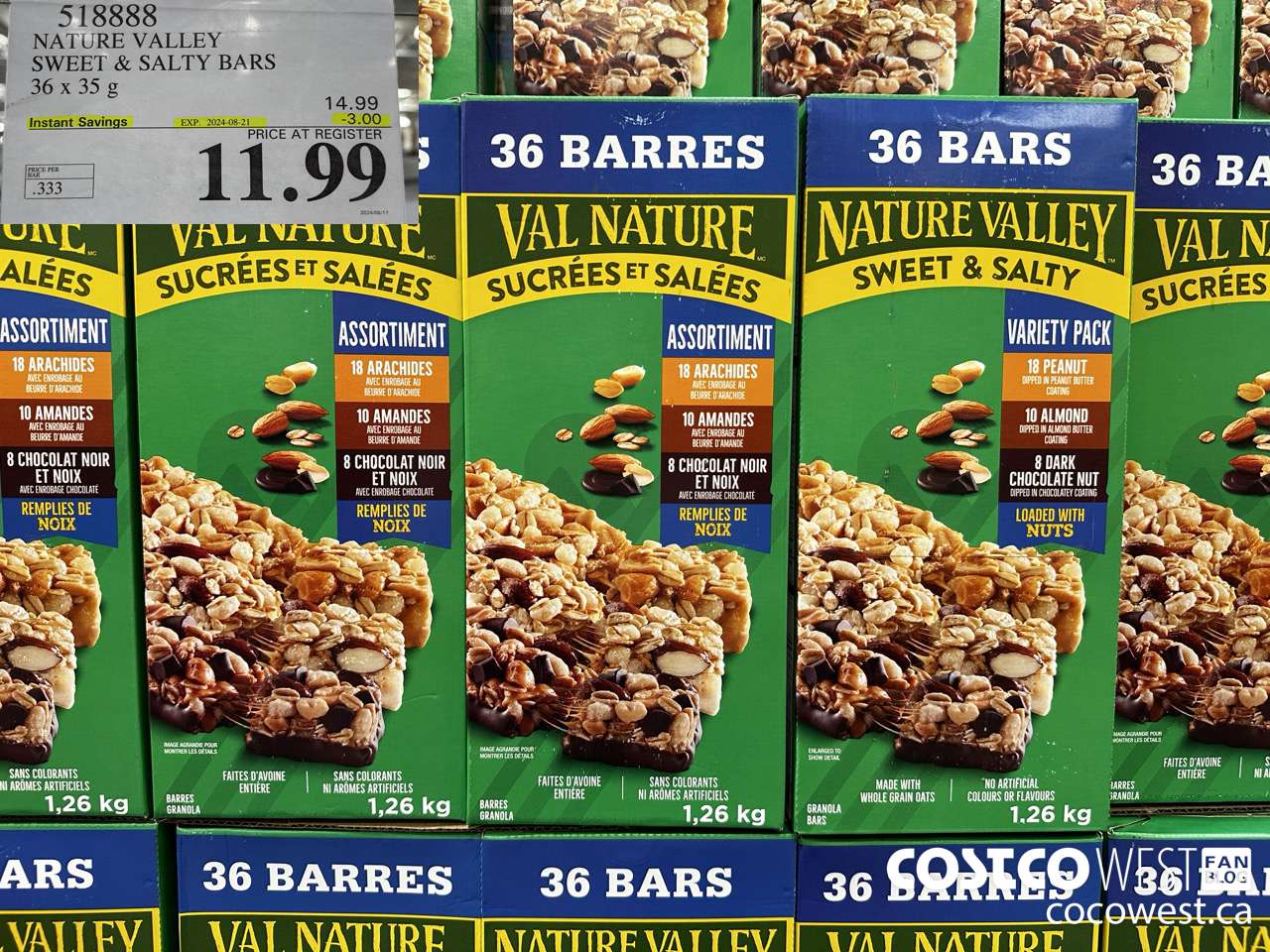 518888 NATURE VALLEY SWEET & SALTY BARS 36 X 35 G ($3.00 INSTANT SAVINGS EXPIRES ON 2024-08-21) $11.99