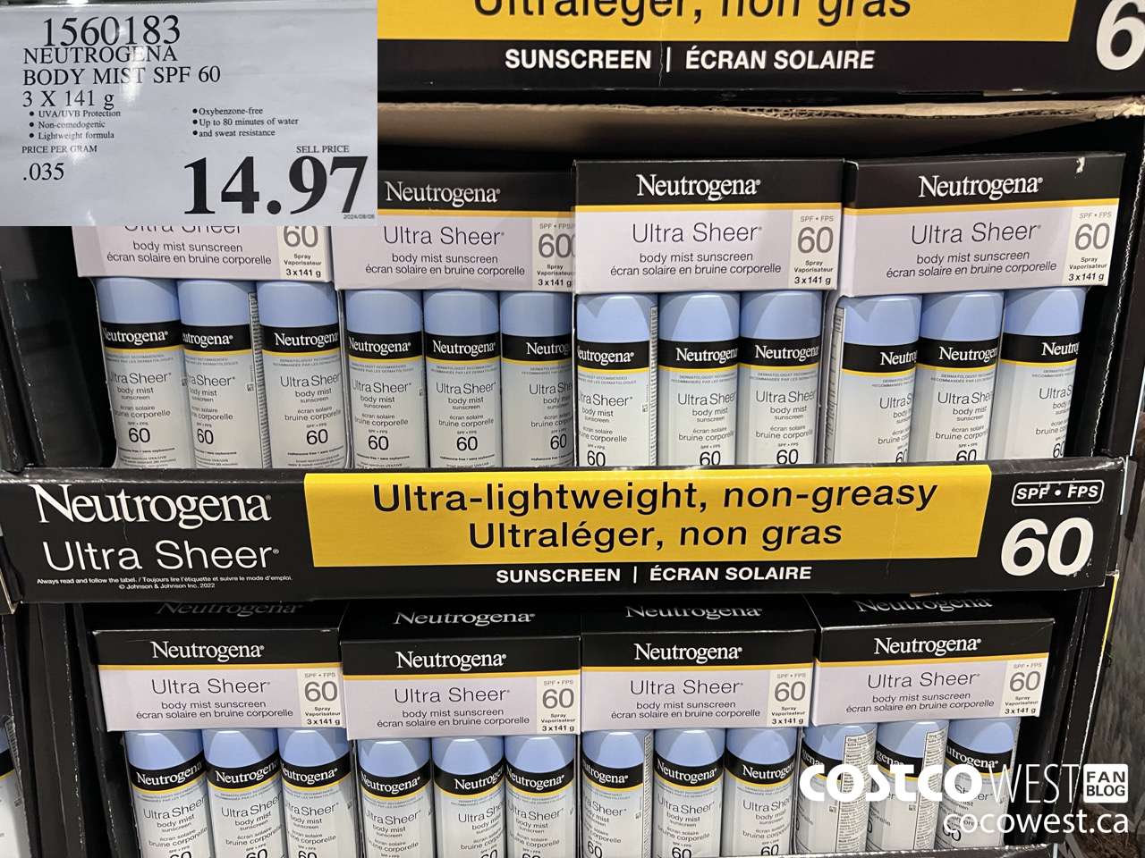 1560183 NEUTROGENA BODY MIST SPF 60 3 X 141G $14.97