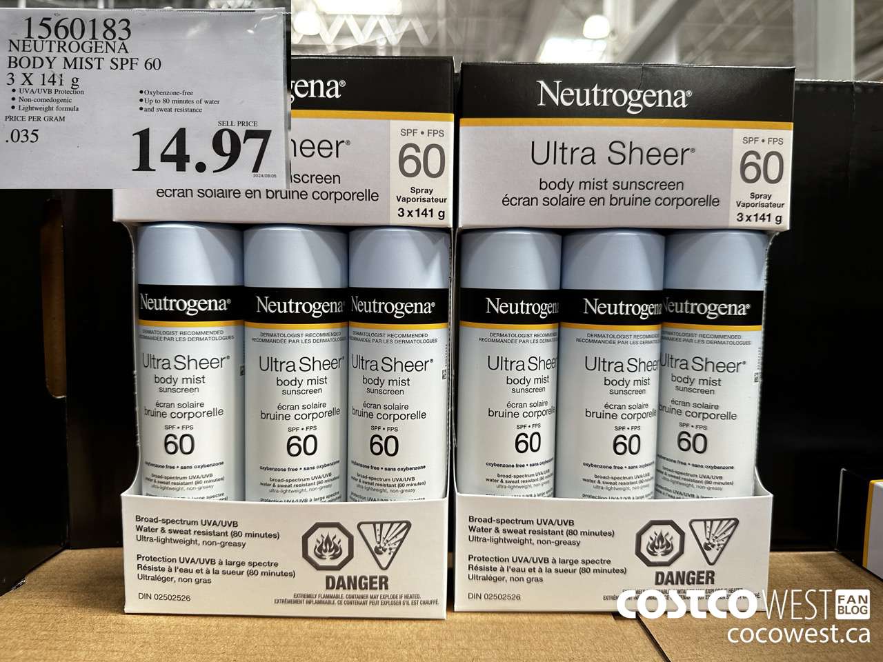 1560183 NEUTROGENA BODY MIST SPF 60 3 X 141G $14.97