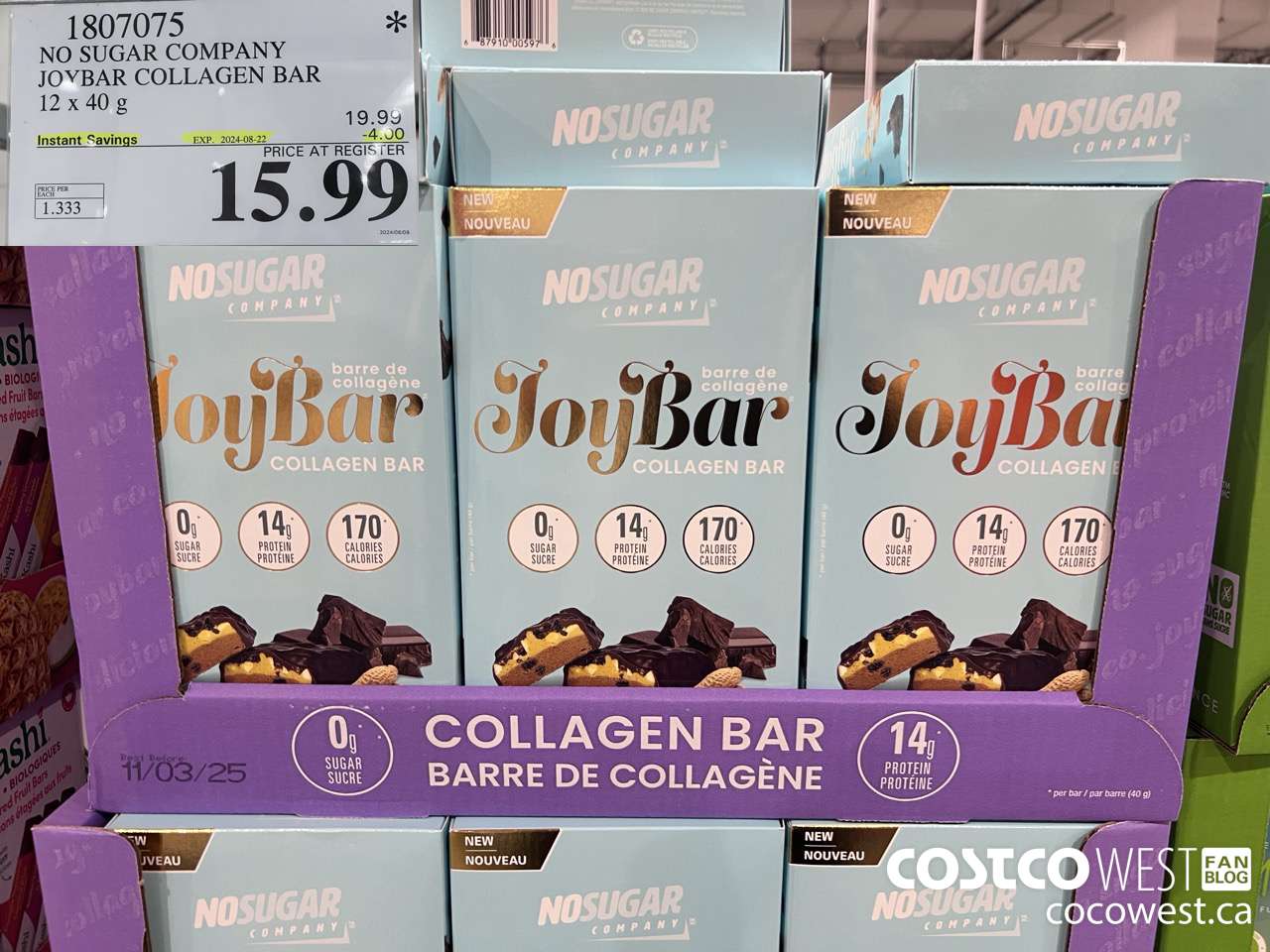 1807075 NO SUGAR COMPANY JOYBAR COLLAGEN BAR 12 x 40 g ($4.00 INSTANT SAVINGS EXPIRES ON 2024-08-22) $15.99