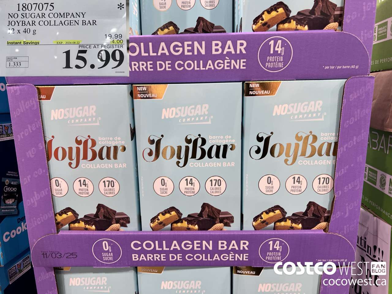 1807075 NO SUGAR COMPANY JOYBAR COLLAGEN BAR 12 x 40 g ($4.00 INSTANT SAVINGS EXPIRES ON 2024-08-22) $15.99