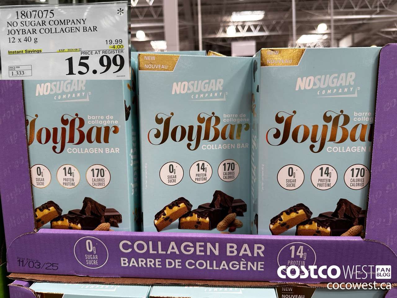 1807075 NO SUGAR COMPANY JOYBAR COLLAGEN BAR 12 x 40 g ($4.00 INSTANT SAVINGS EXPIRES ON 2024-08-22) $15.99