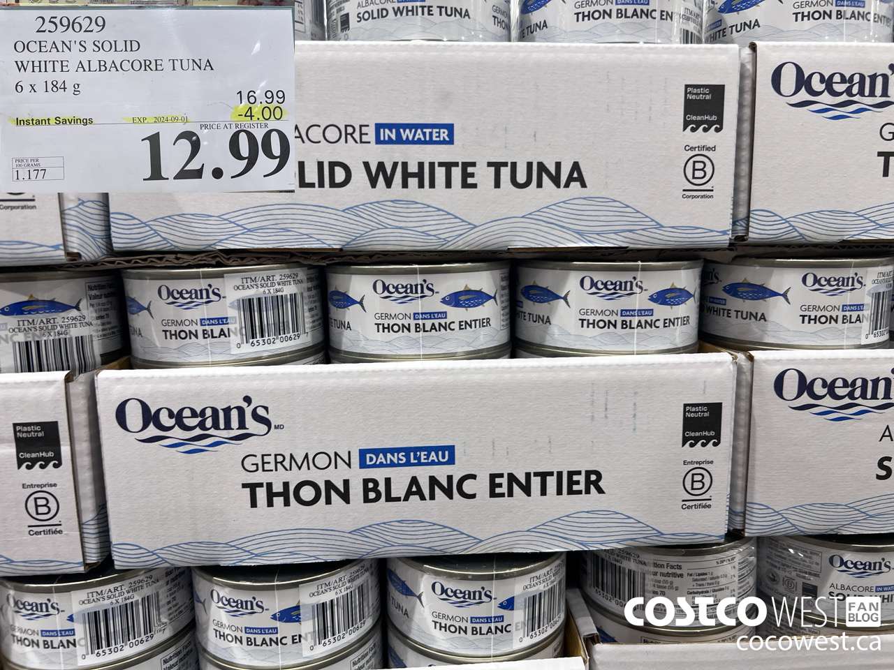 259629 OCEAN'S SOLID WHITE TUNA 6 X 184 G ($4.00 INSTANT SAVINGS EXPIRES ON 2024-09-01) $12.99