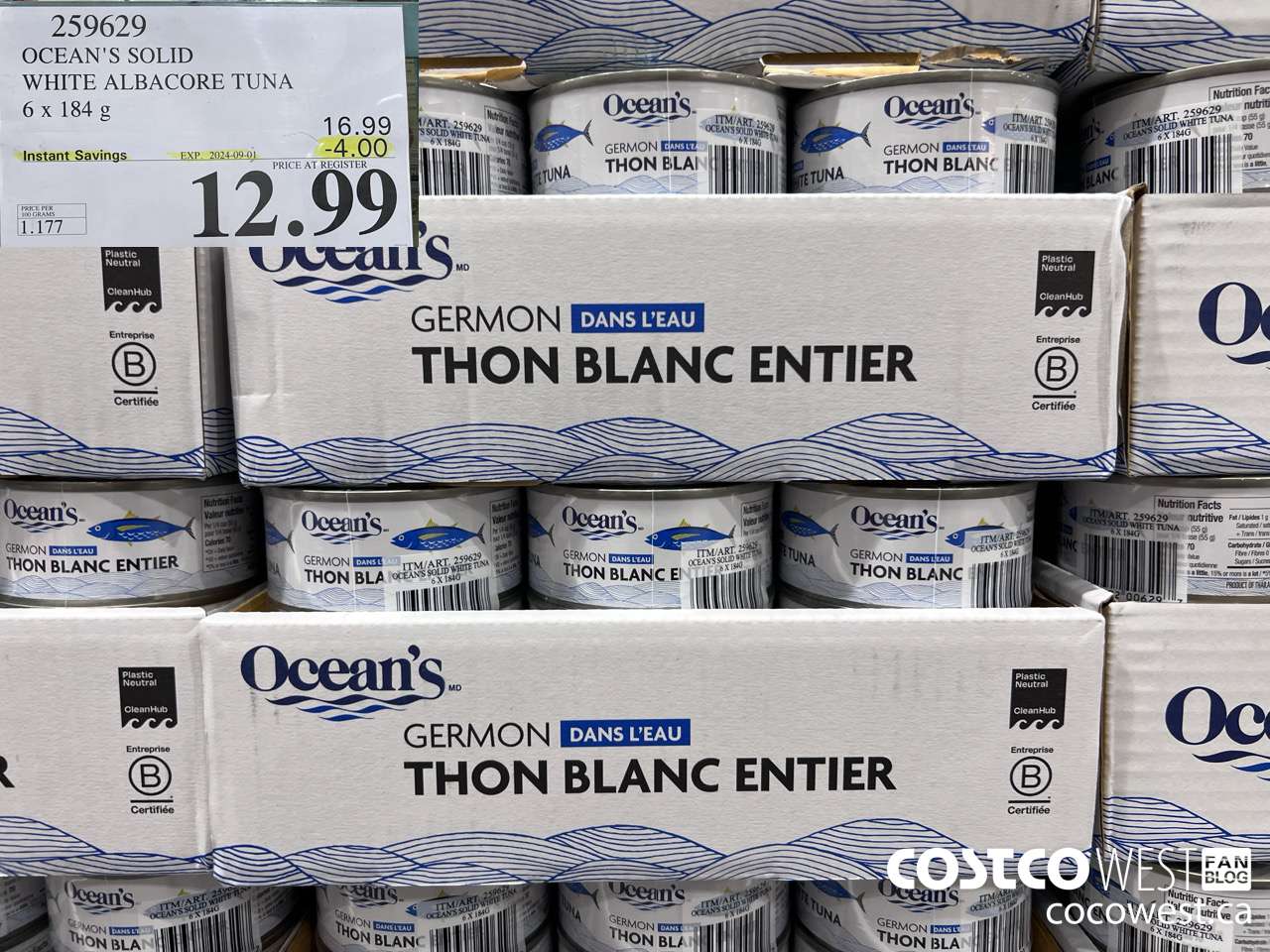 259629 OCEAN'S SOLID WHITE TUNA 6 X 184 G ($4.00 INSTANT SAVINGS EXPIRES ON 2024-09-01) $12.99