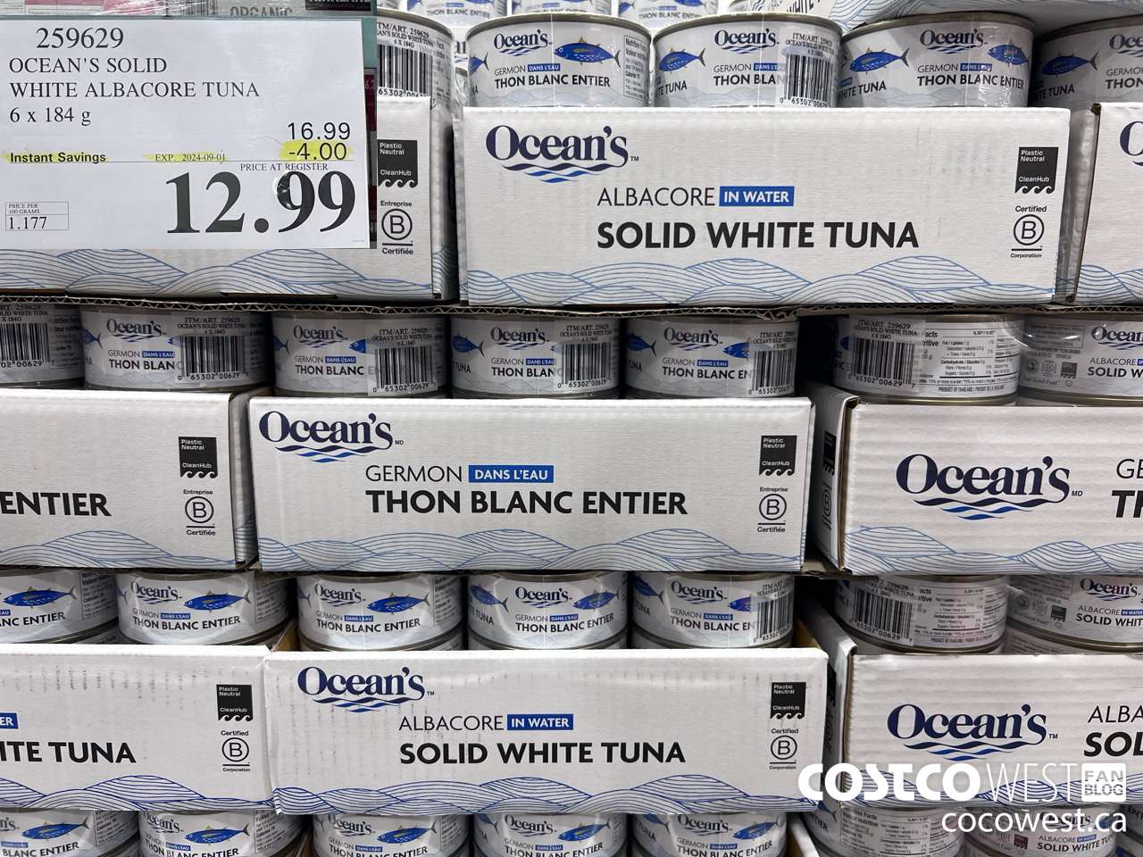 259629 OCEAN'S SOLID WHITE TUNA 6 X 184 G ($4.00 INSTANT SAVINGS EXPIRES ON 2024-09-01) $12.99