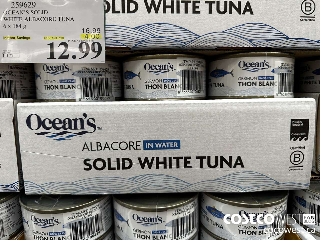 259629 OCEAN'S SOLID WHITE TUNA 6 X 184 G ($4.00 INSTANT SAVINGS EXPIRES ON 2024-09-01) $12.99