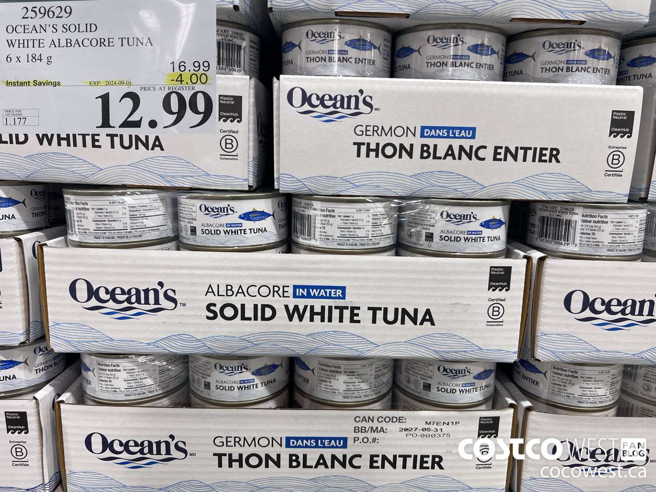 259629 OCEAN'S SOLID WHITE TUNA 6 X 184 G ($4.00 INSTANT SAVINGS EXPIRES ON 2024-09-01) $12.99