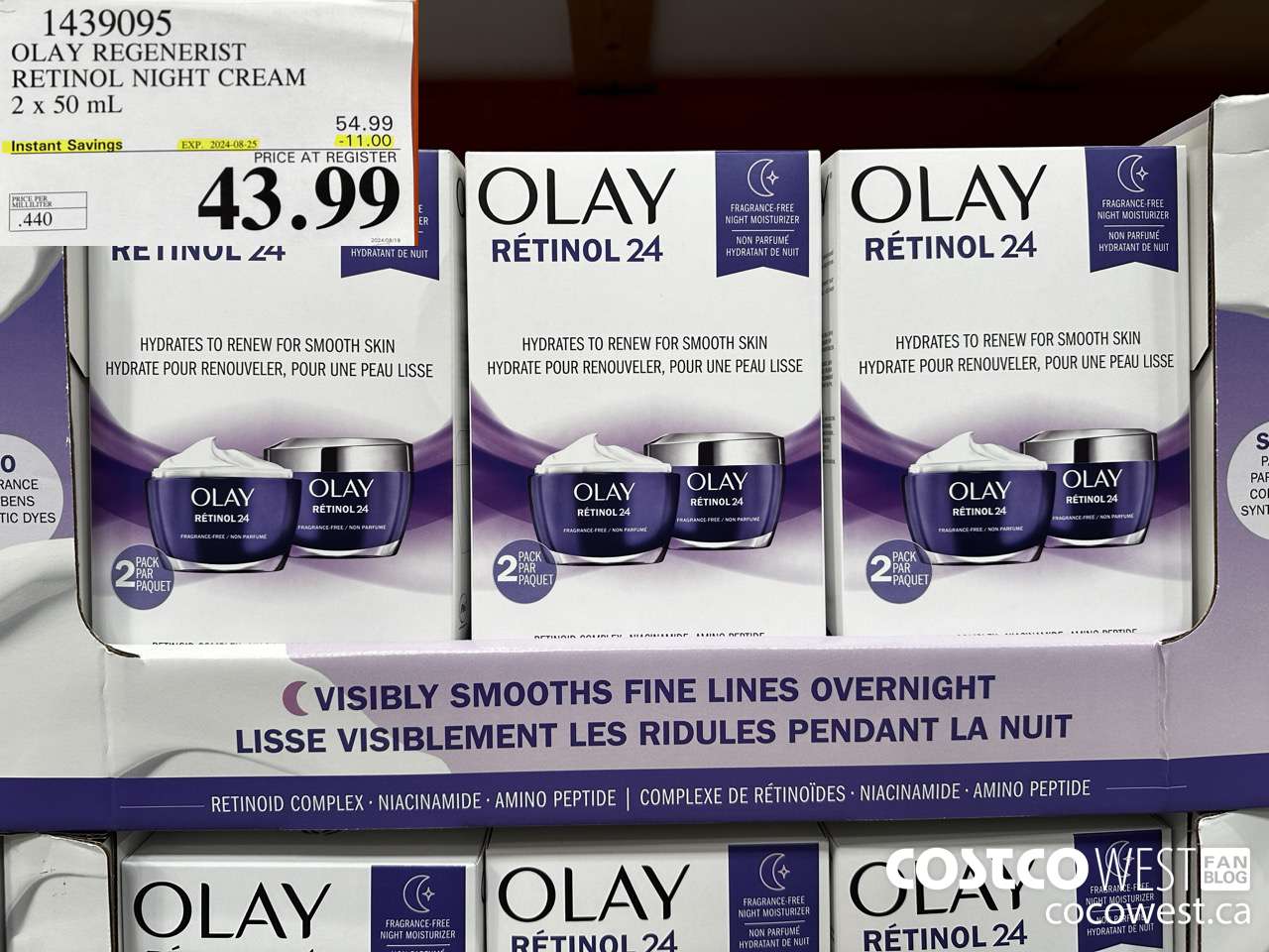1439095 OLAY REGENERIST RETINOL24 NIGHT CREAM 2 x 50 mL ($11.00 INSTANT SAVINGS EXPIRES ON 2024-08-25) $43.99