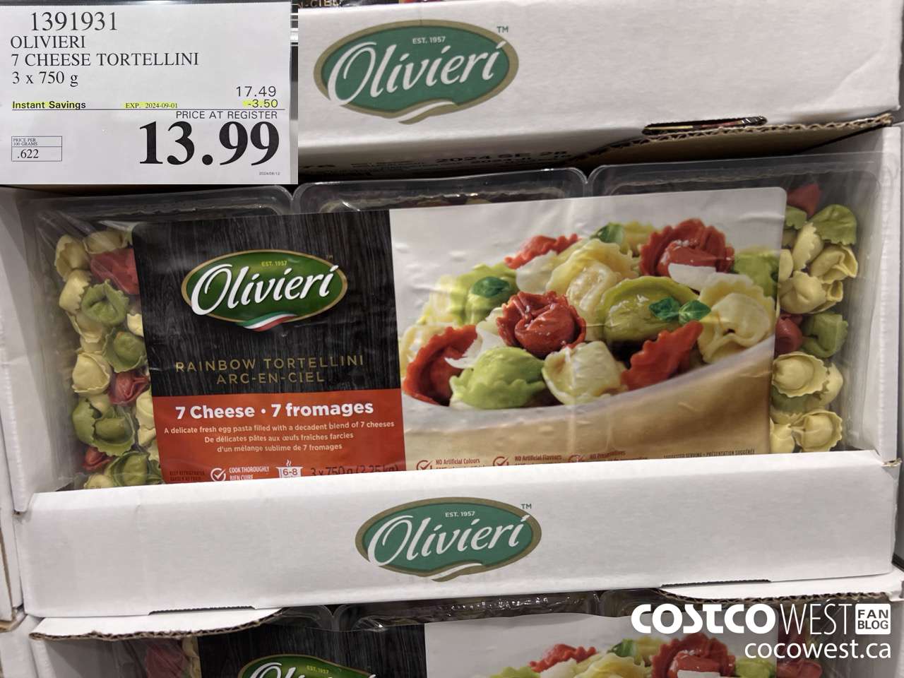 1391931 OLIVIERI 7 CHEESE TORTELLINI 3 x 750 g ($3.50 INSTANT SAVINGS EXPIRES ON 2024-09-01) $13.99
