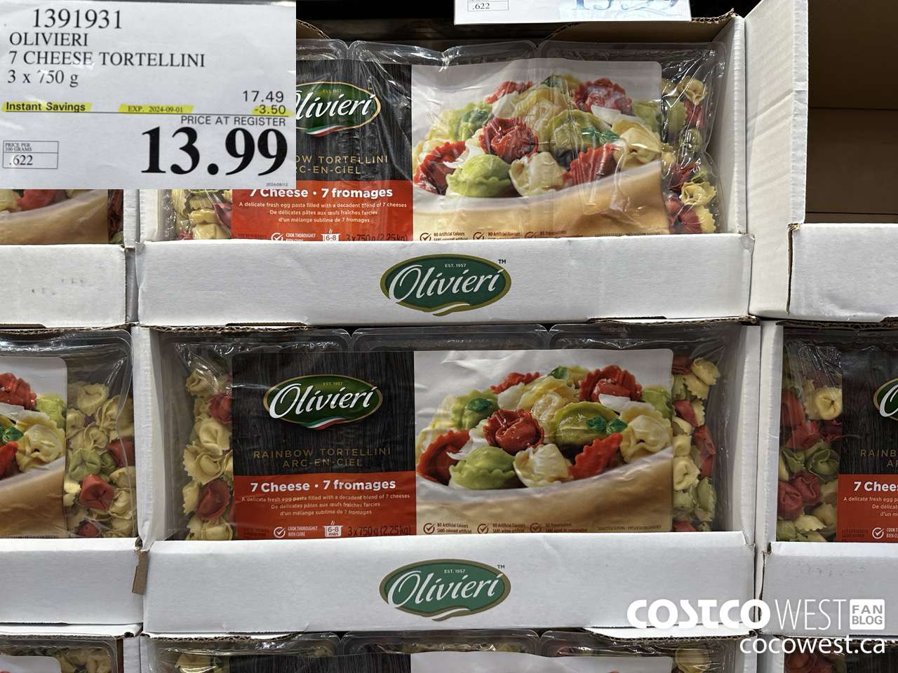 1391931 OLIVIERI 7 CHEESE TORTELLINI 3 x 750 g ($3.50 INSTANT SAVINGS EXPIRES ON 2024-09-01) $13.99